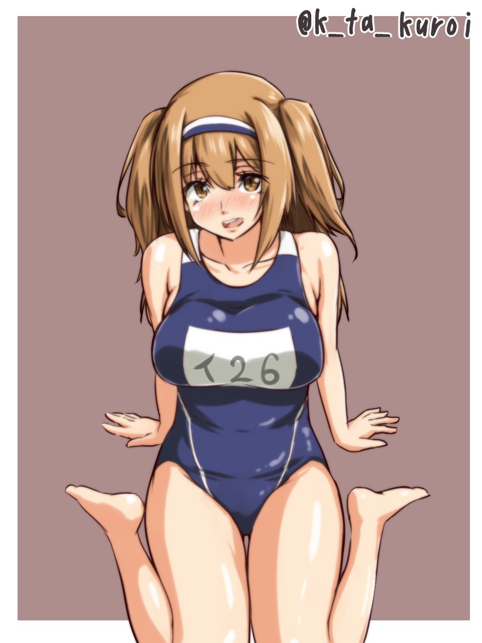 1girl bare_shoulders barefoot breasts collarbone hairband highres i-26_(kantai_collection) kantai_collection kuroi_k-ta large_breasts light_brown_eyes light_brown_hair long_hair looking_at_viewer name_tag new_school_swimsuit open_mouth school_swimsuit simple_background sitting smile solo swimsuit two-tone_hairband two_side_up wariza