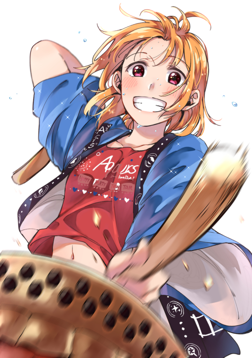 1girl ahoge bangs belly_peek blush commentary_request drum drumming drumsticks flying_sweatdrops grin happi highres instrument japanese_clothes kougi_hiroshi looking_at_viewer love_live! love_live!_sunshine!! motion_blur navel orange_hair red_shirt shirt simple_background smile solo sweat sweatdrop sweating t-shirt taiko_drum taiko_sticks takami_chika violet_eyes white_background