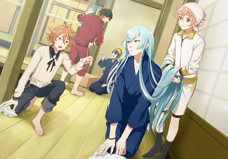 5boys bandanna black_hair blonde_hair blue_eyes blue_hair brown_eyes brown_hair cleaning dutch_angle gotou_toushirou jacket japanese_clothes kousetsu_samonji long_hair male_focus mikazuki_munechika monoyoshi_sadamune multicolored_hair multiple_boys nagasone_kotetsu oisih one_knee open_mouth seiza shorts sitting smile touken_ranbu track_jacket two-tone_hair very_long_hair yellow_eyes