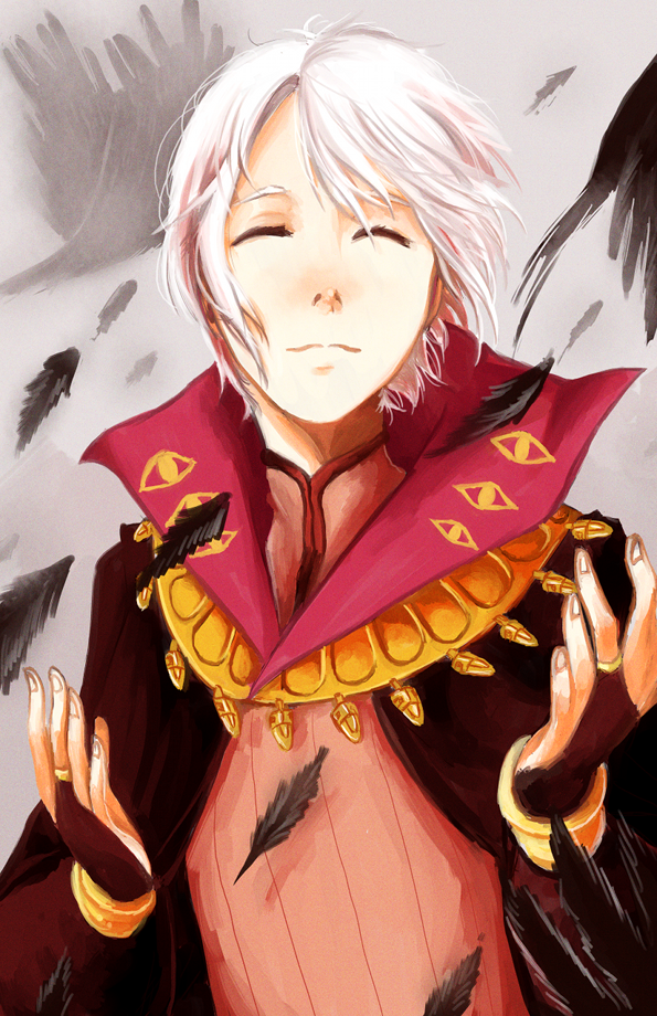 1boy animal bird closed_eyes crow elbow_gloves feathers fire_emblem fire_emblem:_kakusei gloves henry_(fire_emblem) smile solo white_hair