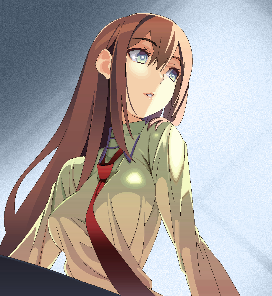 1girl between_breasts blue_eyes breasts brown_hair dress_shirt from_below large_breasts long_hair looking_to_the_side makise_kurisu necktie necktie_between_breasts parted_lips samonegi shirt solo steins;gate taut_clothes taut_shirt very_long_hair