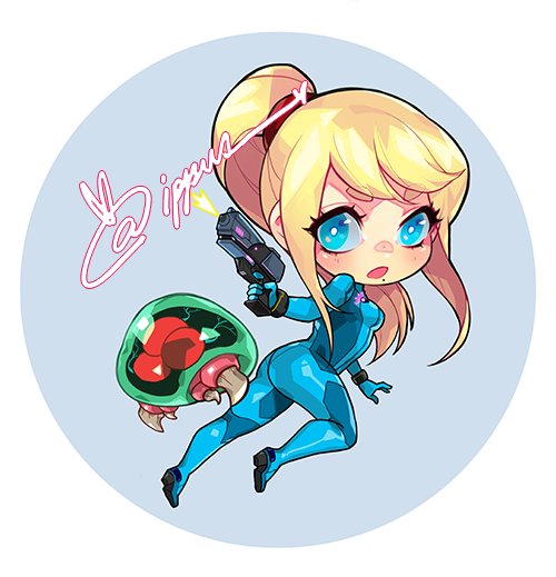 1girl alien blonde_hair blue_eyes bodysuit breasts chibi gun large_breasts long_hair looking_at_viewer metroid metroid_(creature) na_young_lee ponytail samus_aran solo weapon zero_suit