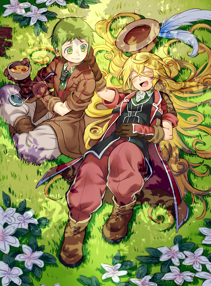 1boy 1girl :/ :d ^_^ black_shirt blonde_hair blush boots bowl brown_boots brown_gloves brown_jacket bucket_hat closed_eyes closed_mouth colored_eyelashes cr72 eyebrows_visible_through_hair flower food from_above gloves grass green_eyes green_hair hair_between_eyes hair_spread_out hand_on_another's_cheek hand_on_another's_face hand_on_own_stomach hat hat_feather head_tilt holding holding_bowl indian_style jacket ladle long_hair lying lyza made_in_abyss on_back open_clothes open_jacket open_mouth pants red_pants shade shirt short_hair short_sleeves sitting smile torka very_long_hair whistle white_pants wood