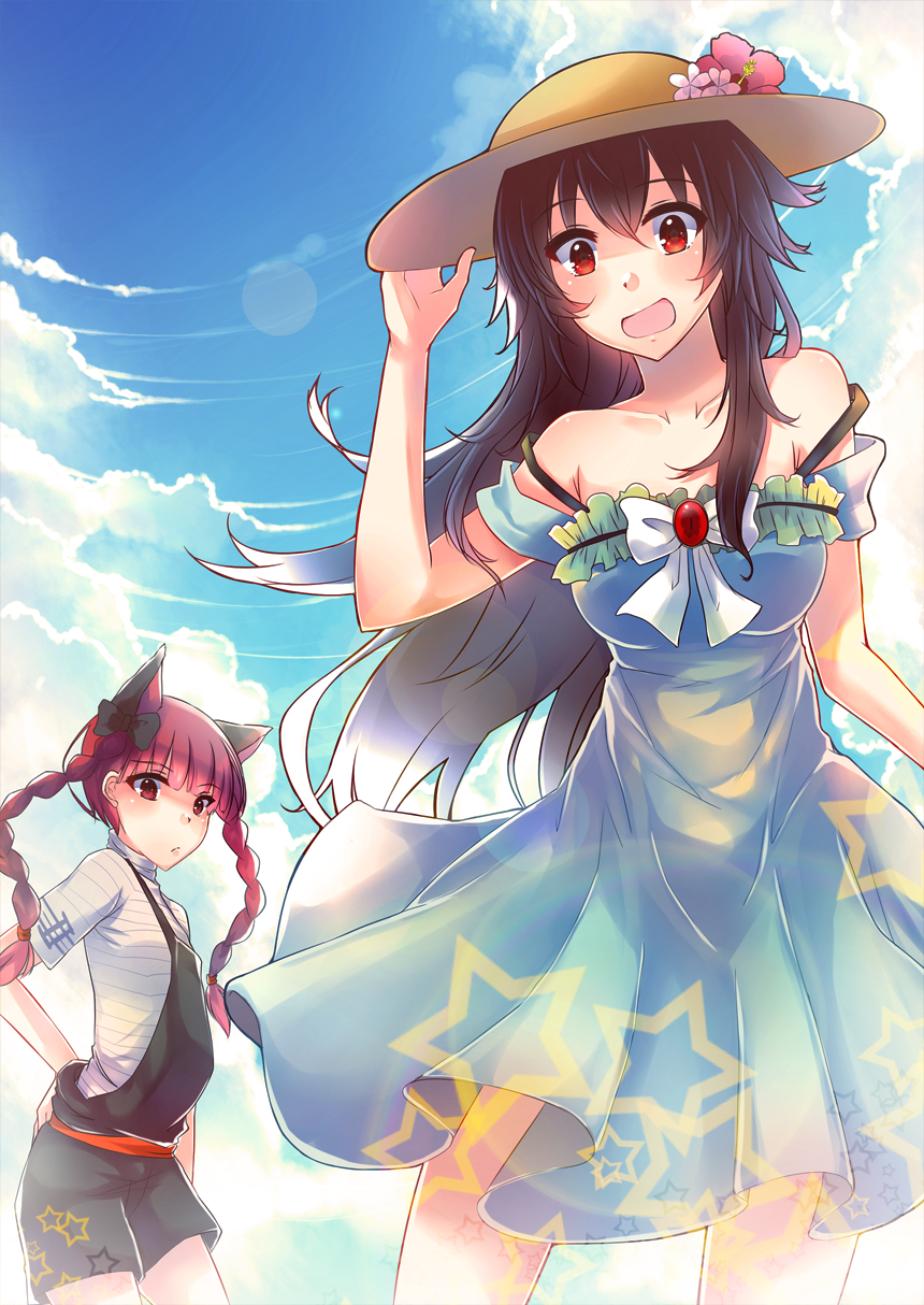 2girls alternate_costume animal_ears arm_at_side black_hair blue_sky bow bra_strap braid breasts cat_ears clouds contrapposto cowboy_shot day dress extra_ears flower hand_on_headwear hand_on_hip hat hat_flower highres kaenbyou_rin long_hair looking_at_another looking_at_viewer medium_breasts multiple_girls nishiaita no_tail open_mouth outdoors red_eyes redhead reiuji_utsuho shirt short_hair short_sleeves shorts sky sleeveless sleeveless_dress star strap_slip striped striped_shirt sun_hat sundress third_eye touhou twin_braids very_long_hair white_bow white_shirt