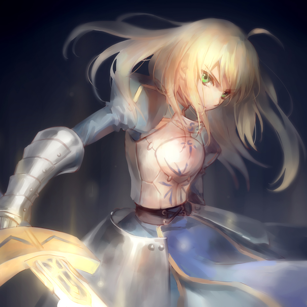 1girl ahoge armor armored_dress artoria_pendragon_(all) blonde_hair blue_dress dress eyebrows_visible_through_hair fate/stay_night fate_(series) floating_hair gautnlets green_eyes hair_between_eyes holding holding_sword holding_weapon kanmuri_(hanyifan30338) long_hair looking_at_viewer saber sketch solo standing sword weapon