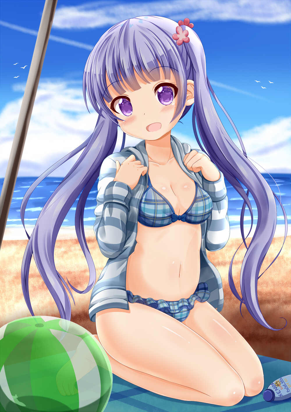 alternate_breast_size ball beach beachball blanket blush breasts cleavage collarbone eyebrows_visible_through_hair flower hair_flower hair_ornament highres long_hair looking_at_viewer medium_breasts navel new_game! open_mouth purple_hair seiza sitting smile suzukaze_aoba swimsuit twintails violet_eyes zenon_(for_achieve)