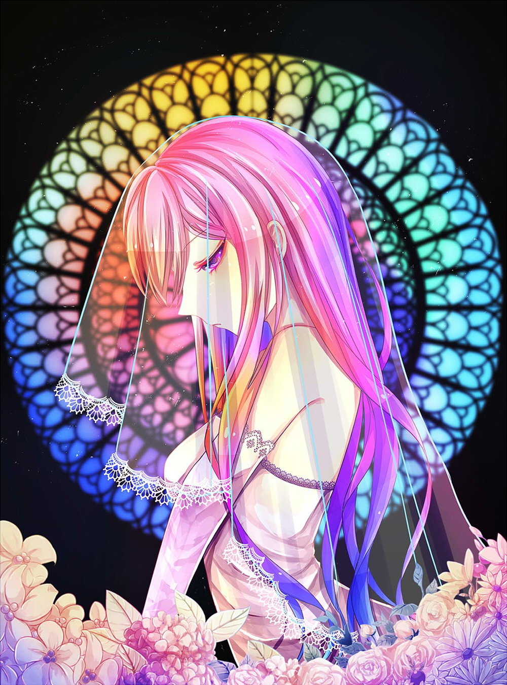 1girl alternate_costume bride dress from_side frown half-closed_eyes highres megurine_luka morning_(artist) pink_hair profile solo stained_glass violet_eyes vocaloid wedding_dress