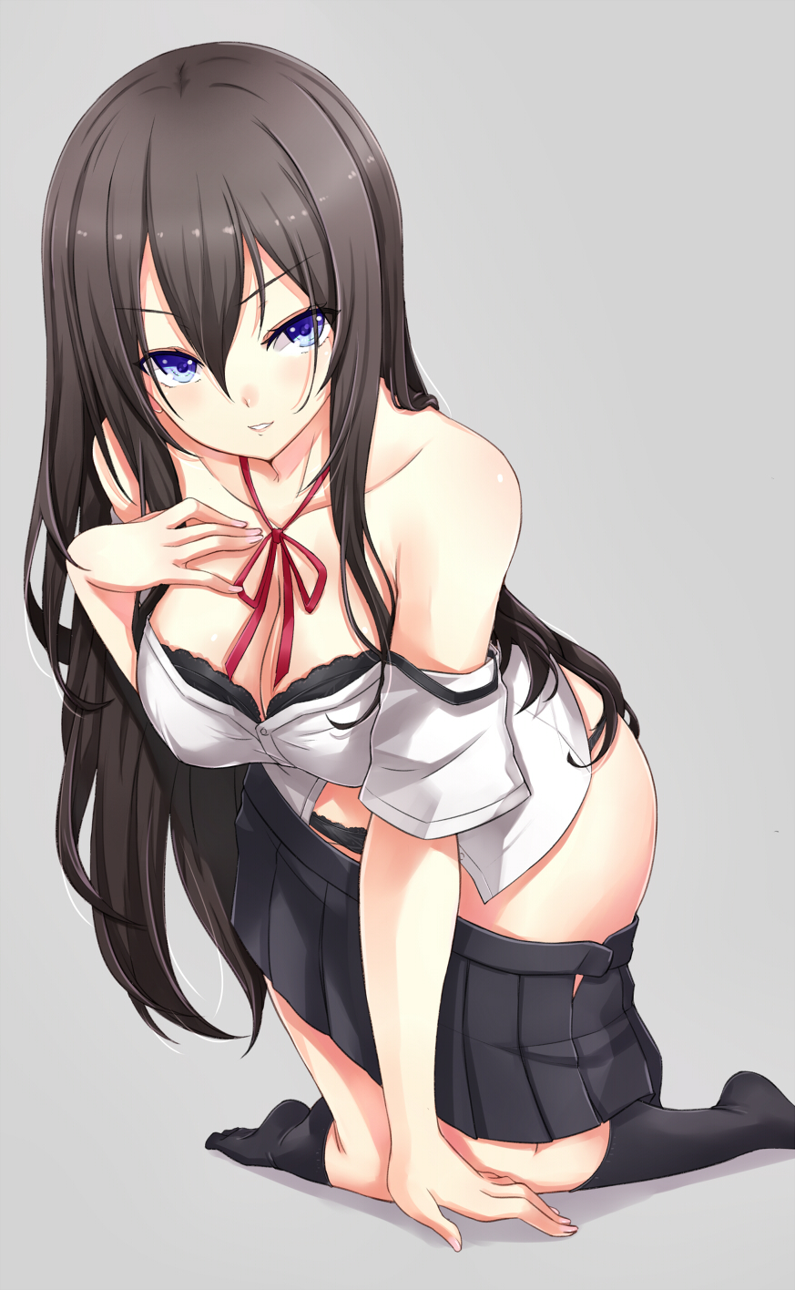 1girl asya bare_shoulders black_bra black_hair black_panties blue_eyes bow bra breasts cleavage highres kneeling leaning_forward long_hair medium_breasts original panties parted_lips ribbon simple_background solo underwear