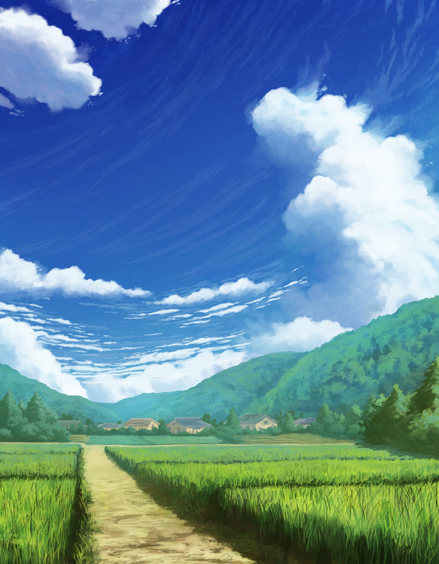 aoha_(twintail) blue_sky clouds cloudy_sky commentary_request day field forest grass house mountain nature no_humans outdoors path road scenery sky tree village