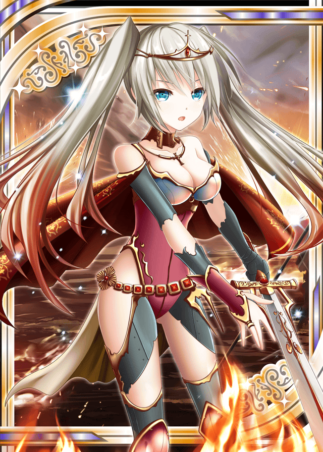 1girl akkijin armor bare_shoulders bikini_armor blonde_hair blue_eyes bodysuit breasts cape card_(medium) cross gauntlets looking_at_viewer multicolored_hair red_cape shinkai_no_valkyrie solo sword tiara twintails weapon