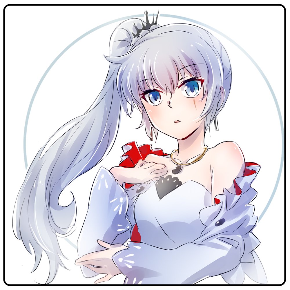 1girl blue_eyes dress earrings iesupa jacket jacket_removed jewelry necklace ponytail rwby scar scar_across_eye sleeveless sleeveless_dress solo weiss_schnee white_hair