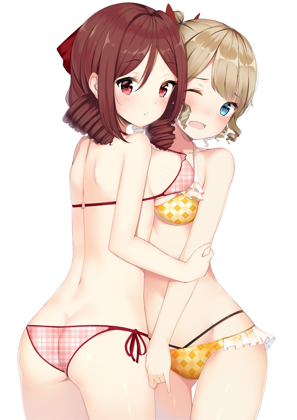 2girls :o ;0 arm arm_grab ass asymmetrical_docking back bare_arms bare_back bare_legs bare_shoulders bikini blue_eyes blush breast_press breast_rest breasts brown_hair collarbone couple cowboy_shot dimples_of_venus drill_hair eyebrows_visible_through_hair female frill_trim gin00 gluteal_fold hair_ribbon harukaze_(kantai_collection) hatakaze_(kantai_collection) highres hug kantai_collection large_breasts legs looking_at_viewer looking_back medium_breasts multi-strapped_bikini multiple_girls neck o-ring_bikini o-ring_top one_eye_closed open_mouth pink_bikini pink_swimsuit pinky_out plaid plaid_bikini plaid_swimsuit ponytail red_eyes red_ribbon ribbon short_hair side-tie_bikini sideboob simple_background standing strap_gap swimsuit thigh_gap twin_drills white_background wince yellow_bikini yellow_swimsuit yuri