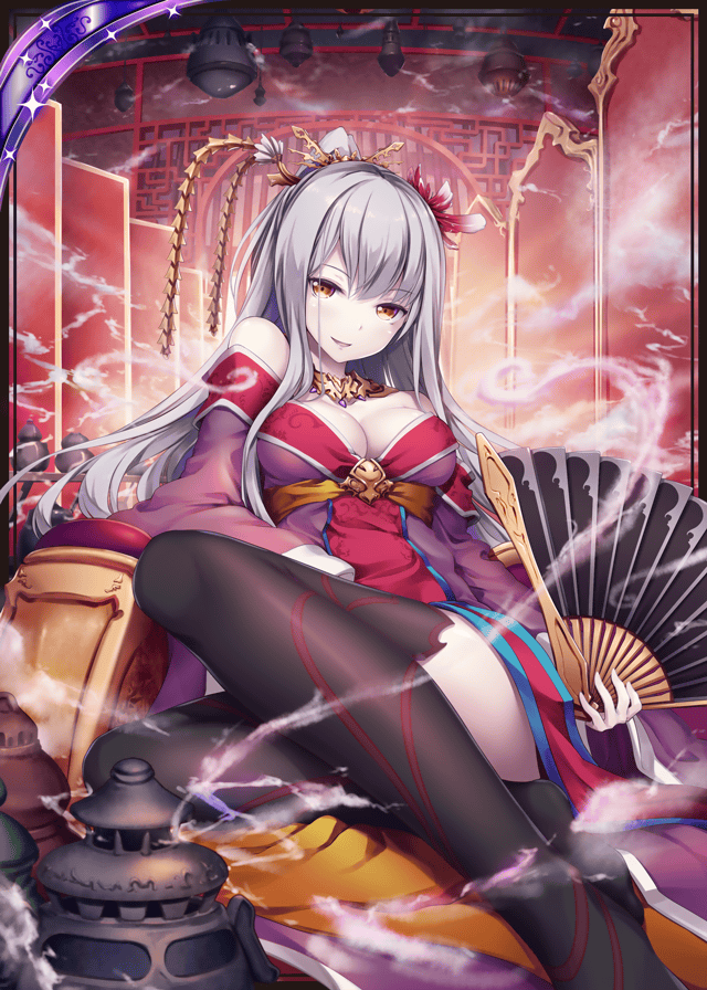 1girl akkijin brown_eyes card_(medium) chinese_clothes fan flower hair_flower hair_ornament incense looking_at_viewer purple_hair shinkai_no_valkyrie silver_hair sitting smile solo thigh-highs