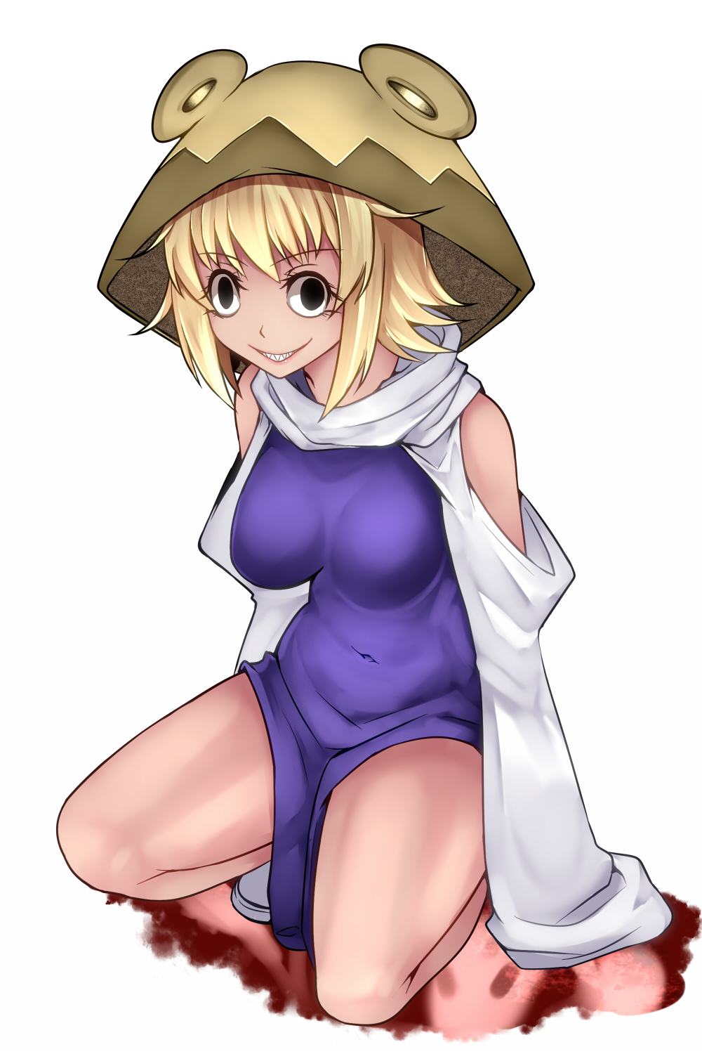 1girl aoshima black_eyes blonde_hair blood blood_splatter hat highres moriya_suwako navel sharp_teeth shoes sleeves_past_wrists snake teeth touhou