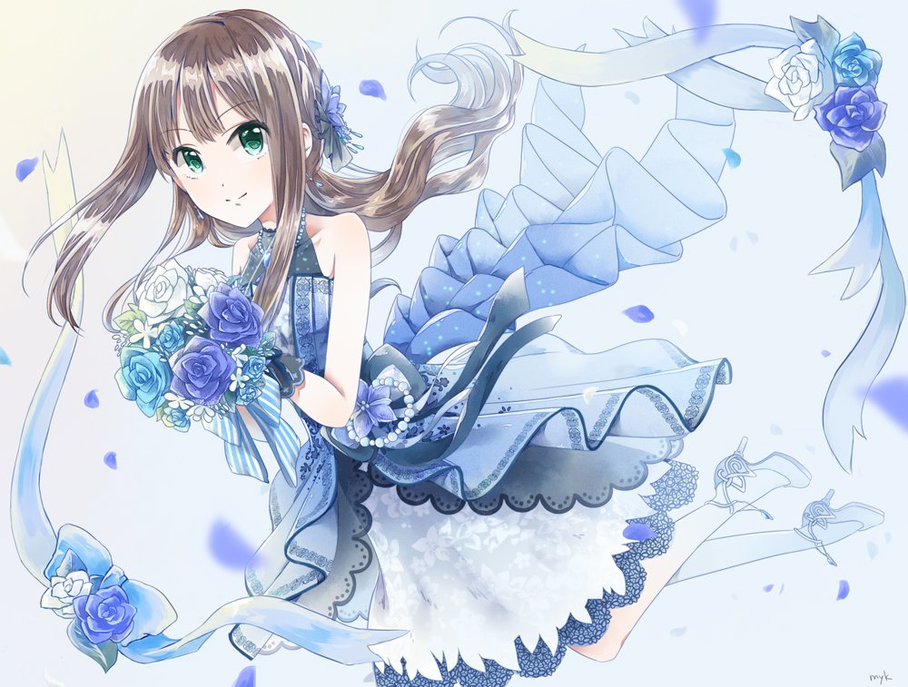 1girl artist_request blush bouquet brown_hair dress earrings flower gloves green_eyes hair_ornament high_heels idolmaster idolmaster_cinderella_girls idolmaster_cinderella_girls_starlight_stage jewelry long_hair looking_at_viewer necklace shibuya_rin smile solo