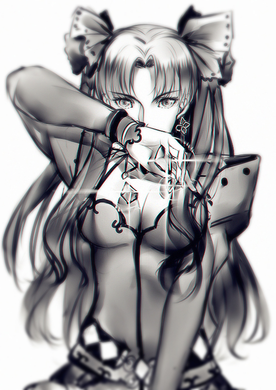 1girl breasts cleavage collarbone earrings eyebrows_visible_through_hair fate/grand_order fate_(series) formalcraft greyscale holding jewelry long_hair looking_at_viewer medium_breasts monochrome simple_background solo standing upper_body very_long_hair white_background yaoshi_jun
