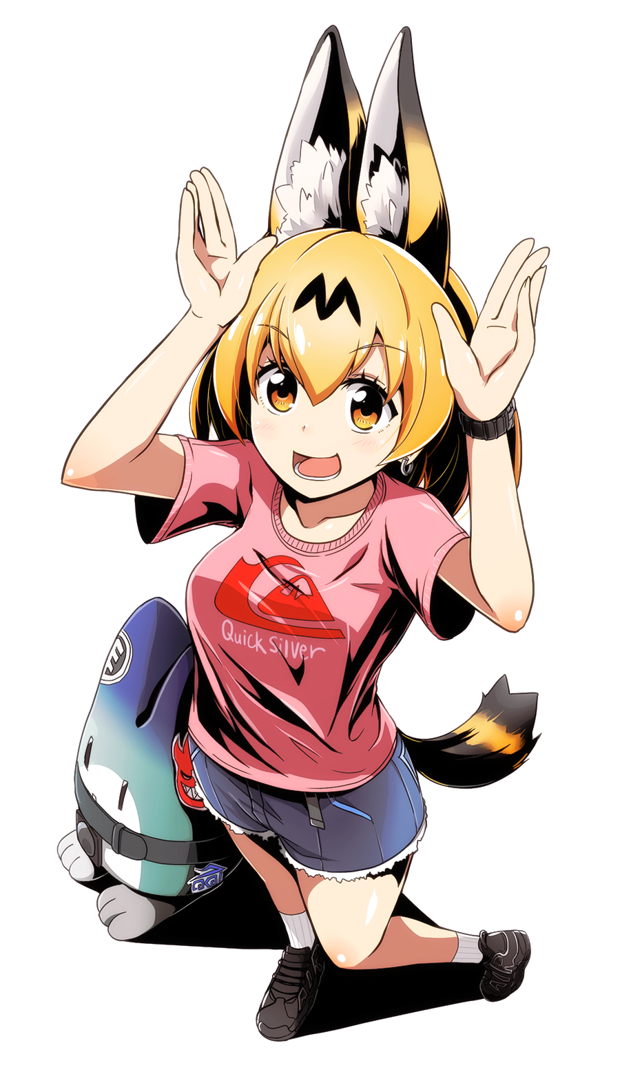 1girl alternate_costume animal_ears arms_up blonde_hair clothes_writing collarbone earrings english full_body highres jewelry kemono_friends looking_at_viewer lucky_beast_(kemono_friends) open_mouth pink_shirt round_teeth serval_(kemono_friends) serval_ears serval_tail shadow shirt shoes short_hair short_shorts shorts simple_background socks striped_tail t-shirt tail teeth tom_(drpow) watch watch white_background white_legwear yellow_eyes