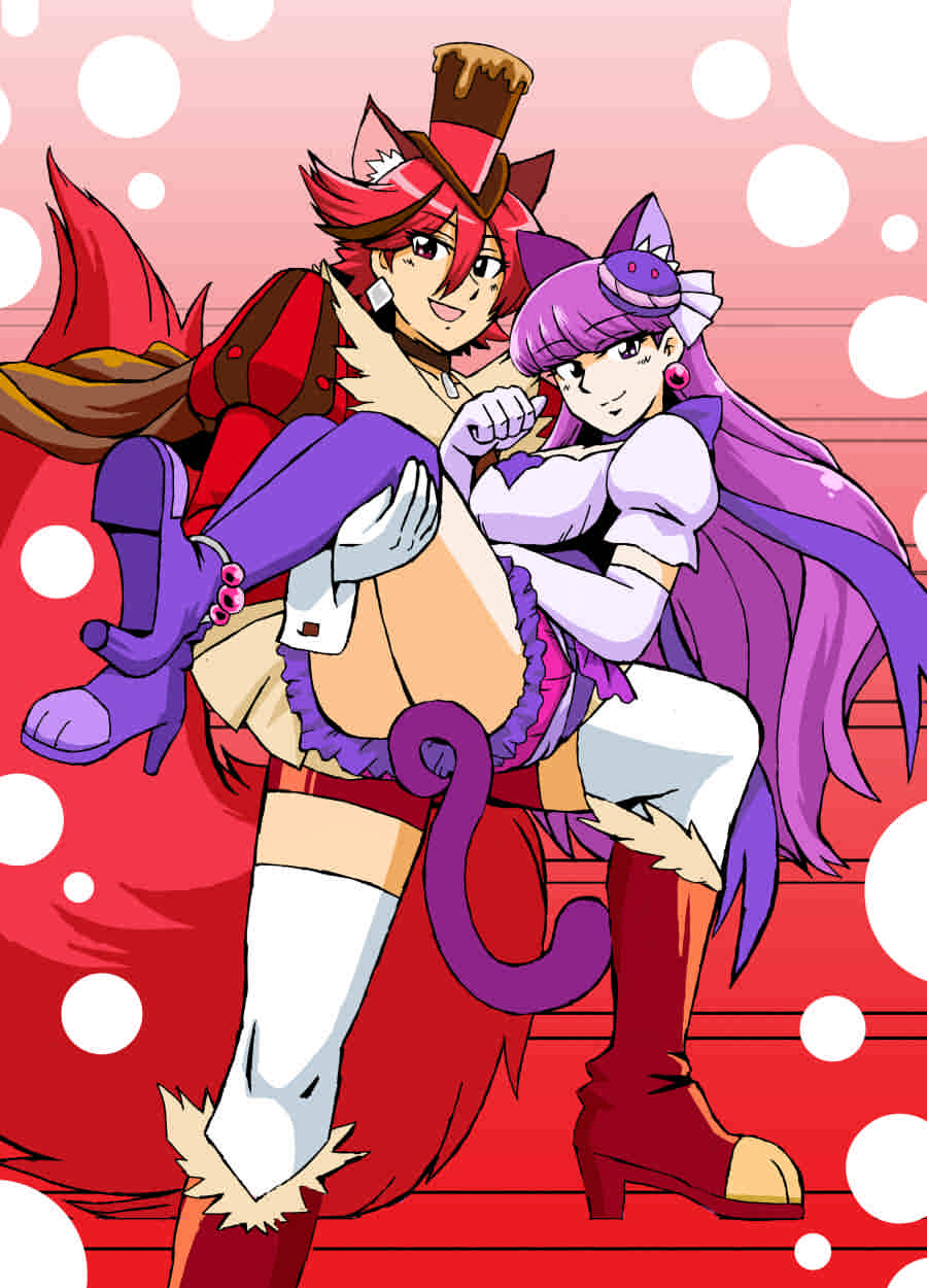 2girls animal_ears azuki_osamitsu bangs blunt_bangs boots breasts carrying cat_ears cat_tail choker commentary_request cure_chocolat cure_macaron dress earrings elbow_gloves eyebrows_visible_through_hair fox_ears fox_tail gloves hair_between_eyes hair_ornament hat highres jewelry juliet_sleeves kirakira_precure_a_la_mode long_hair long_sleeves multiple_girls open_mouth paw_pose precure princess_carry puffy_short_sleeves puffy_sleeves purple_dress purple_hair red_eyes redhead short_sleeves sidelocks smile standing tail thigh-highs top_hat violet_eyes white_legwear zettai_ryouiki