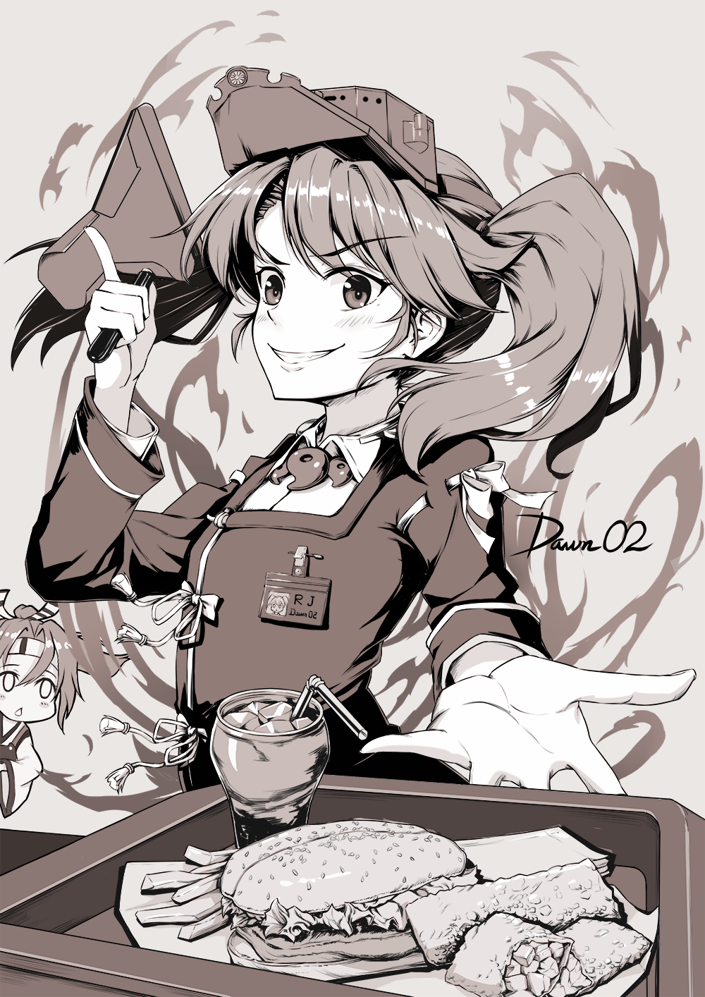 2girls artist_name bendy_straw dawn_(664387320) drink drinking_straw food french_fries grin hachimaki headband high_ponytail highres japanese_clothes kantai_collection kariginu magatama monochrome multiple_girls name_tag open_mouth ryuujou_(kantai_collection) sandwich signature smile tray twintails visor_cap zuihou_(kantai_collection)