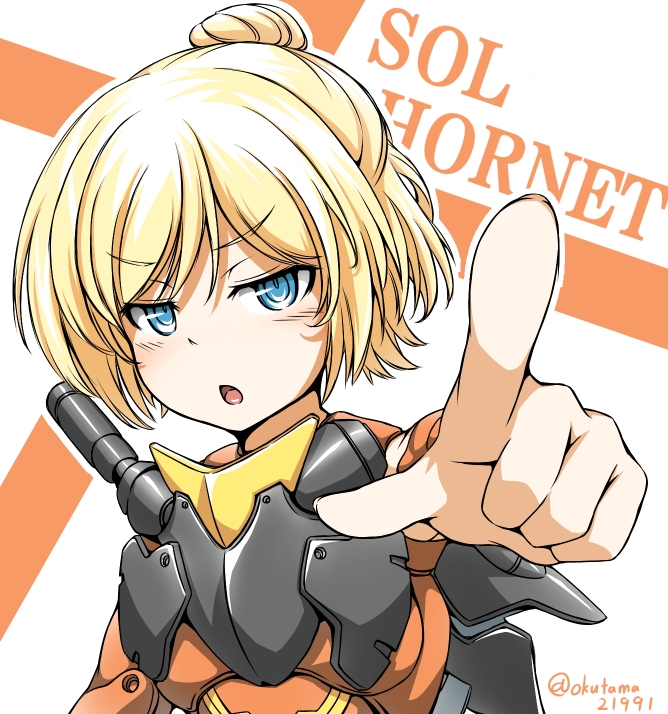 &gt;:o 1girl :o armor artist_name blonde_hair blue_eyes character_name doll_joints eyebrows_visible_through_hair mecha_musume megami_device okutama_tarou pointing pointing_at_viewer short_hair simple_background sol_hornet
