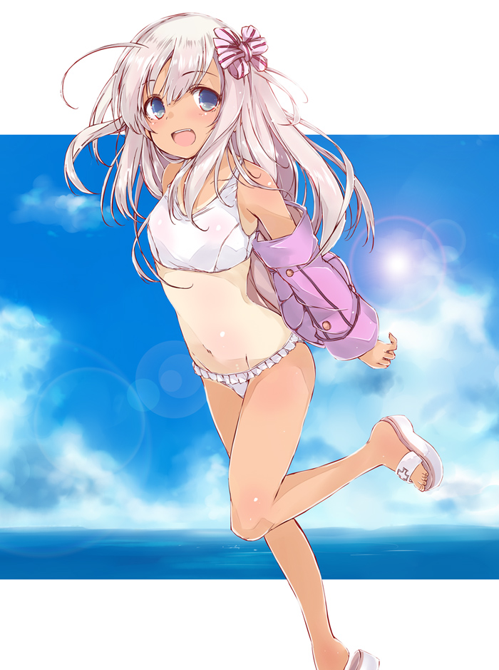 1girl :d bikini bikini_skirt blonde_hair blue_eyes full_body hair_ribbon kantai_collection long_hair looking_at_viewer nontraditional_school_swimsuit one-piece_tan open_mouth pink_jacket ribbon ro-500_(kantai_collection) sandals school_swimsuit smile solo standing standing_on_one_leg swimsuit tan tanline white_bikini white_school_swimsuit white_swimsuit yumesato_makura