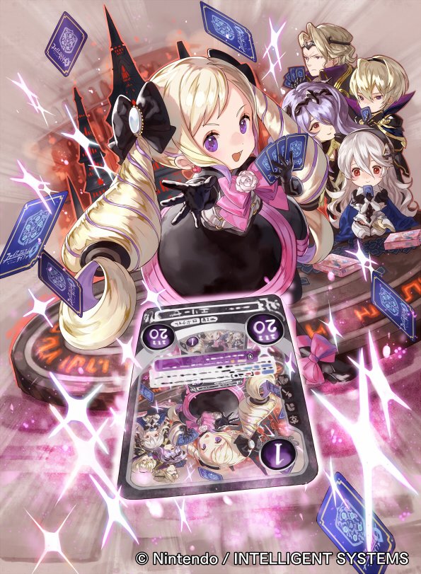 armor blonde_hair camilla_(fire_emblem_if) chibi dress elise_(fire_emblem_if) fire_emblem fire_emblem_cipher fire_emblem_if gloves hair_ribbon hairband leon_(fire_emblem_if) long_hair marks_(fire_emblem_if) mayo_(becky2006) multiple_girls my_unit_(fire_emblem_if) official_art pointy_ears purple_hair red_eyes ribbon smile twintails violet_eyes