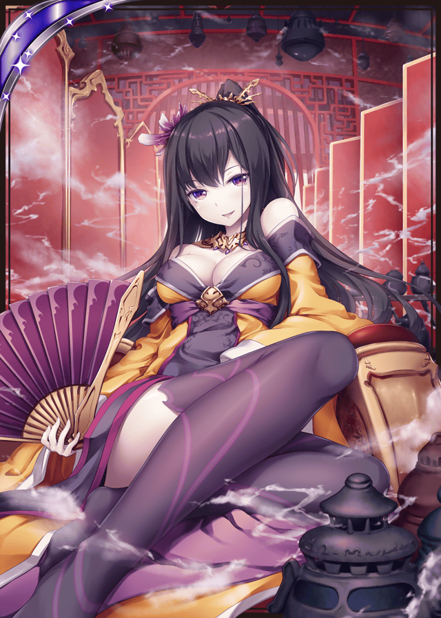 1girl akkijin card_(medium) chinese_clothes fan flower hair_flower hair_ornament incense looking_at_viewer purple_hair shinkai_no_valkyrie sitting smile solo thigh-highs violet_eyes