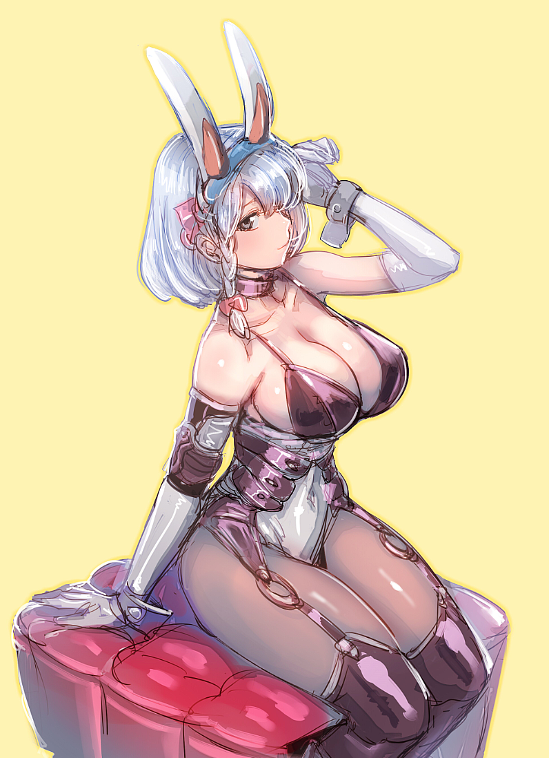 1girl animal_ears black_legwear bow_(bhp) breasts bunnysuit cleavage closed_eyes gloves looking_at_viewer original pantyhose rabbit_ears smile solo thigh-highs thighhighs_over_pantyhose white_gloves white_hair wrist_cuffs