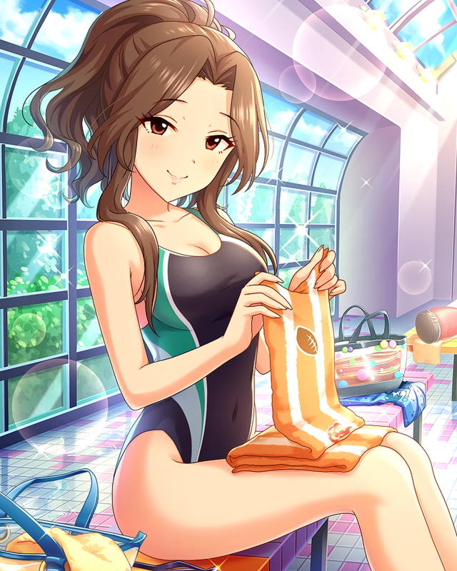1girl artist_request bag bare_shoulders bench breasts brown_hair cleavage collarbone competition_swimsuit covered_navel highleg highleg_swimsuit holding idolmaster idolmaster_cinderella_girls komuro_chinami long_hair looking_at_viewer medium_breasts official_art one-piece_swimsuit ponytail poolside red_eyes sitting smile solo sunlight swimsuit towel