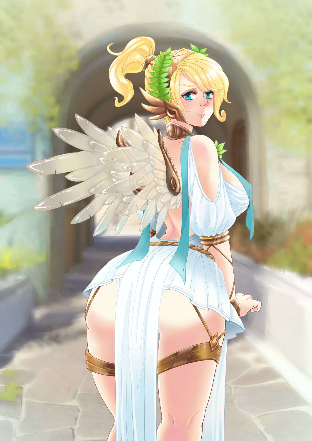 1girl alternate_costume ass blonde_hair blue_eyes breasts cleavage erect_nipples feathered_wings highres leaning_forward looking_at_viewer looking_back menhou mercy_(overwatch) overwatch panties pantyshot pout sideboob solo thigh_strap underwear winged_victory_mercy wings