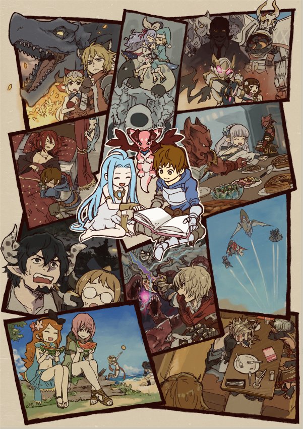 6+boys 6+girls aircraft airship albert_(shingeki_no_bahamut) aliza_(granblue_fantasy) alternate_costume armor ball barowa bed betor_(granblue_fantasy) black_hair blonde_hair blue_hair book boremia brown_hair catalina_(granblue_fantasy) closed_eyes doraf dragon elsam_(granblue_fantasy) erun_(granblue_fantasy) food fork fruit glasses gran_(granblue_fantasy) granblue_fantasy ikelos kaitou_chat_noir knife lily_(granblue_fantasy) lowain_(granblue_fantasy) lyria_(granblue_fantasy) morphe_(granblue_fantasy) multiple_boys multiple_girls percival_(granblue_fantasy) plate redhead robot saaya_(granblue_fantasy) sara_(granblue_fantasy) shirou_(granblue_fantasy) silver_hair sir_yurius_(shingeki_no_bahamut) sleeping smile stan_(grandblue_fantasy) sweatdrop swimsuit sword table tiara tomoi_(granblue_fantasy) vee_(granblue_fantasy) wanotsuku watermelon weapon zeta_(granblue_fantasy)