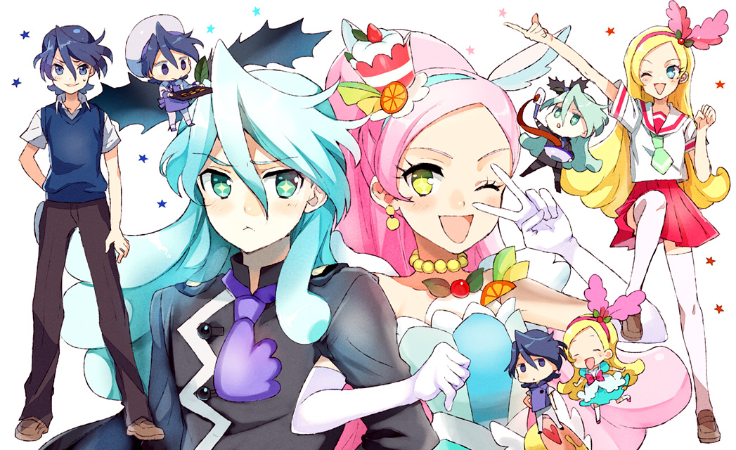 1boy 1girl ;d animal_ears blonde_hair blue_hair brother_and_sister chibi cure_parfait dress dual_persona elbow_gloves food_themed_hair_ornament gloves hair_ornament hairband horse_ears houhou_(black_lack) julio_(precure) kirahoshi_ciel kirakira_precure_a_la_mode locked_arms magical_girl one_eye_closed open_mouth pink_hair pleated_skirt precure school_uniform serafuku siblings skirt smile star star-shaped_pupils sweater_vest symbol-shaped_pupils thigh-highs v_over_eye white_gloves white_legwear