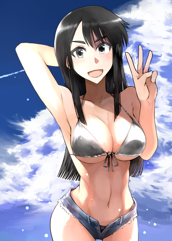 1girl :d arm_behind_head bikini black_bikini black_eyes black_hair blush breasts clouds cosaten cutoffs large_breasts looking_at_viewer middle_w navel open_mouth school_rumble short_shorts shorts smile solo suou_mikoto swimsuit under_boob