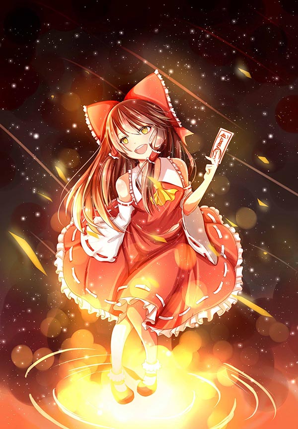 1girl alternate_eye_color alternate_hair_length alternate_hairstyle arm_at_side ascot bangs between_fingers bobby_socks bow detached_sleeves frilled_bow frilled_shirt_collar frills full_body glowing hair_between_eyes hair_bow hair_tubes hakurei_reimu hand_up knees_together_feet_apart light light_particles long_hair looking_at_viewer mary_janes midriff morning_(artist) open_mouth petals red_shirt red_skirt ribbon-trimmed_skirt ribbon-trimmed_sleeves ribbon_trim ripples shiny shiny_hair shiny_skin shirt shoes shooting_star sidelocks skirt smile socks solo space talisman teeth tongue touhou very_long_hair white_legwear wide_sleeves yellow_eyes