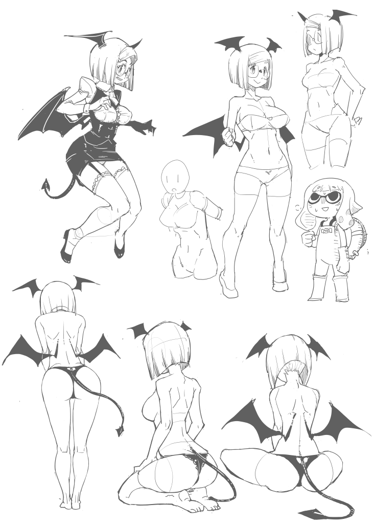 1girl arm_at_side ass back bob_cut bra breasts cleavage clenched_hand demon_tail demon_wings from_behind garter_straps glasses head_wings inkling juliet_sleeves koakuma leaning_forward long_sleeves maru_rx medium_breasts monochrome multiple_views nape navel panties pencil_skirt puffy_sleeves shoes short_hair sitting skirt smile splatoon tail thigh-highs thong touhou underwear underwear_only wariza wings wrist_cuffs