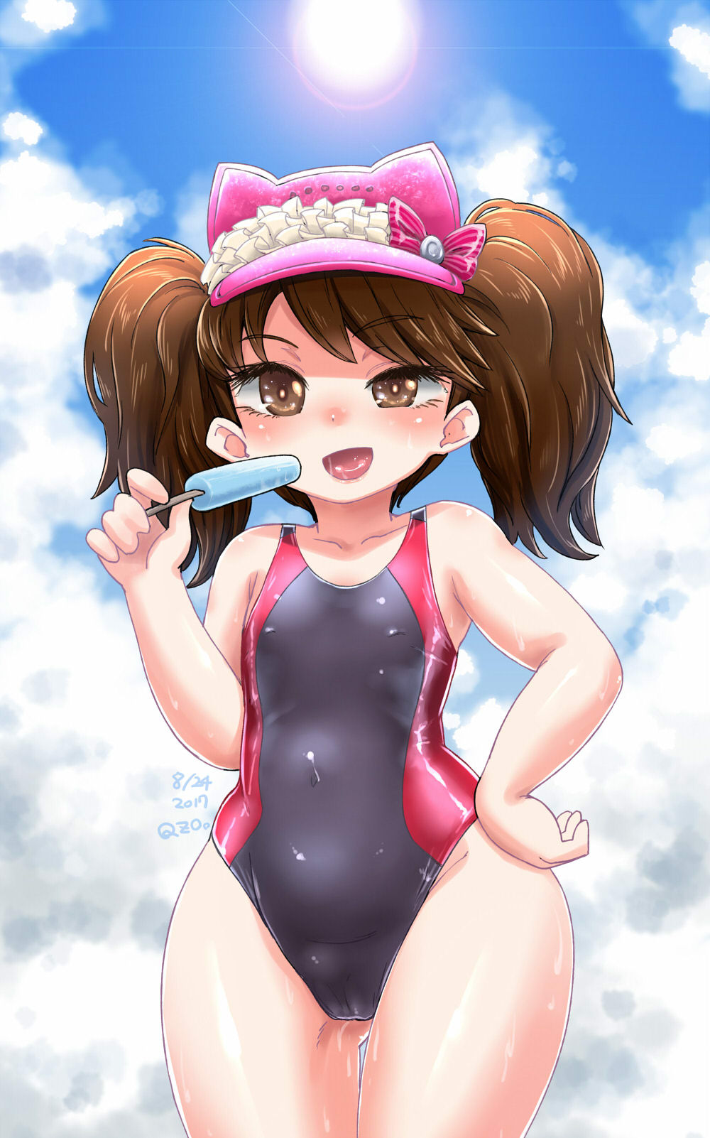 1girl black_swimsuit brown_eyes brown_hair clouds competition_swimsuit cowboy_shot food gluteal_fold highres kantai_collection one-piece_swimsuit popsicle qzo_(akai_kitsune) ryuujou_(kantai_collection) sky solo standing sun swimsuit thigh_gap twintails visor_cap