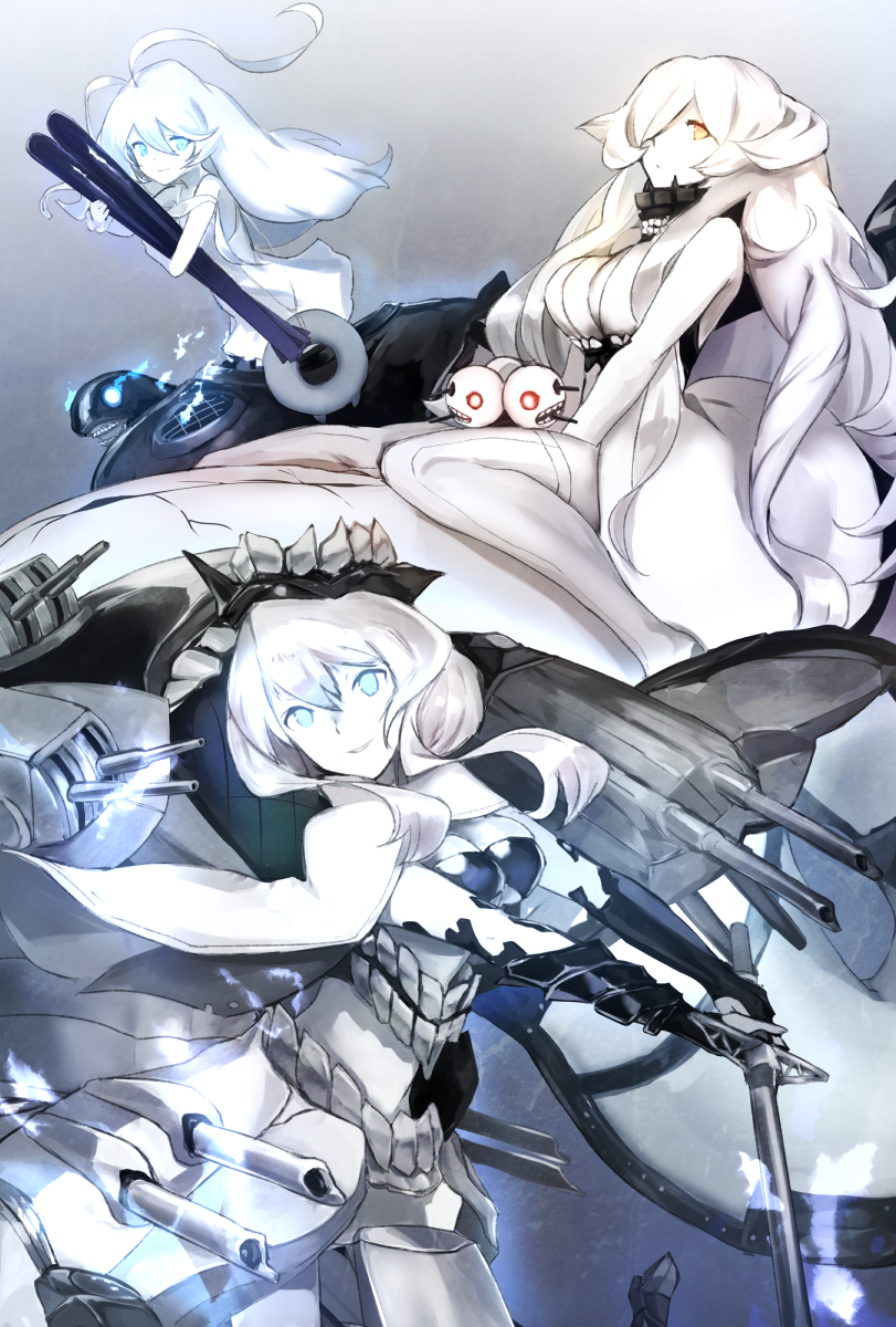 3girls ahoge blue_eyes breasts european_hime french_battleship_hime hair_between_eyes hair_over_one_eye highres huge_ahoge kantai_collection large_breasts long_hair machinery multiple_girls orange_eyes shinkaisei-kan short_hair smile submarine_new_hime sword torpedo turret weapon weasel_(close-to-the-edge) white_hair