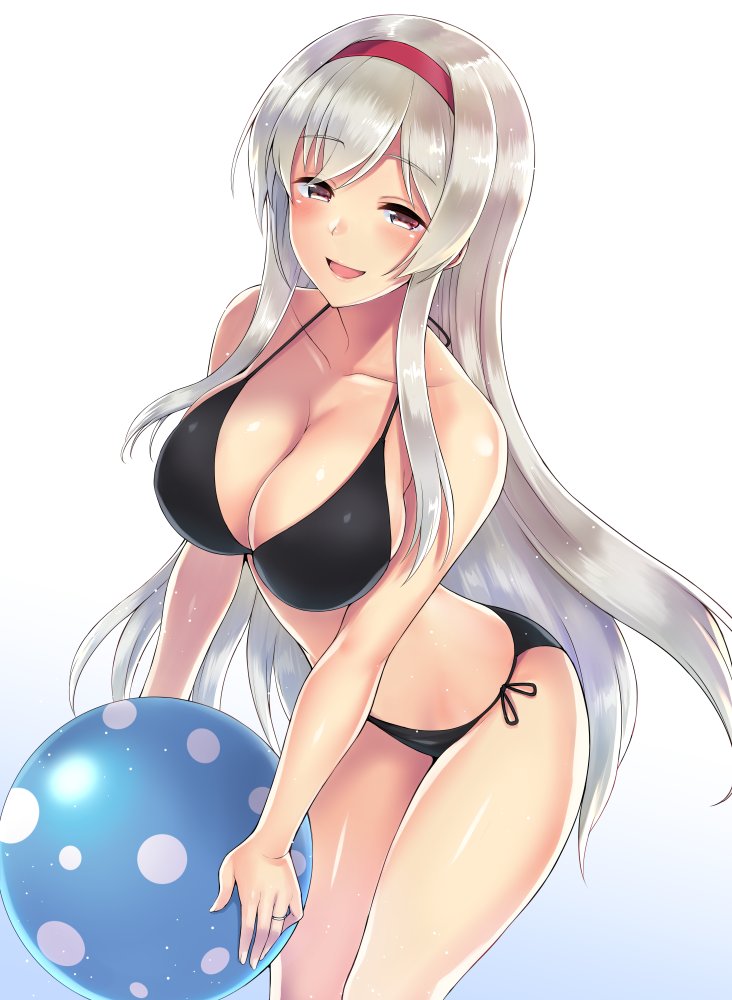 1girl ball beachball bikini black_bikini blush breasts collarbone eyebrows_visible_through_hair jewelry kantai_collection large_breasts long_hair looking_at_viewer open_mouth red_headband ring saemon_(tonpura) shoukaku_(kantai_collection) side-tie_bikini silver_hair simple_background smile solo swimsuit upper_body very_long_hair violet_eyes wedding_band white_background