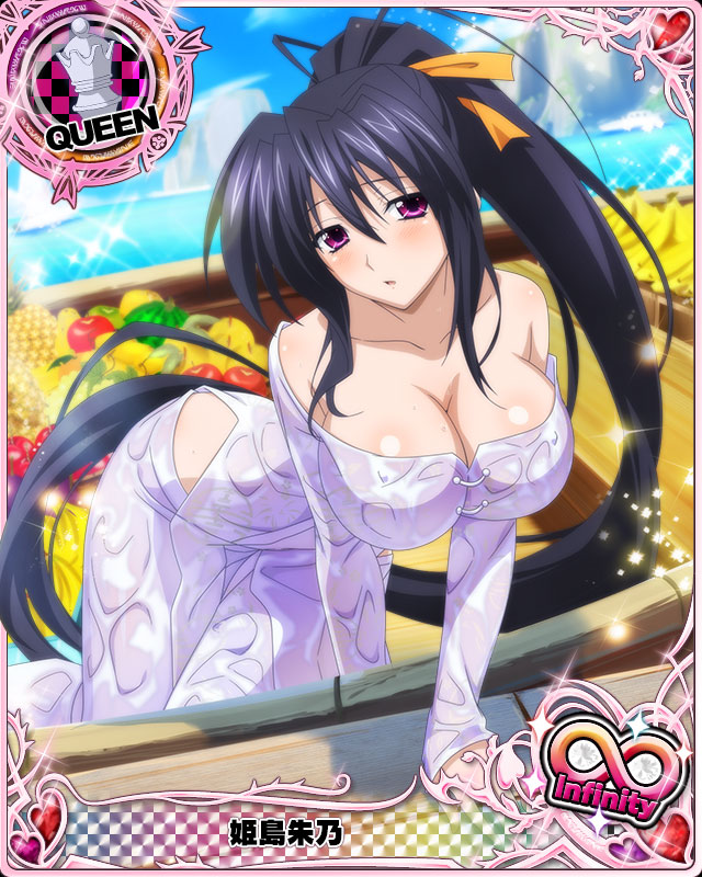 1girl black_hair breasts card_(medium) character_name chess_piece cleavage erect_nipples food fruit hair_ribbon high_school_dxd high_school_dxd_infinity himejima_akeno large_breasts long_hair long_ponytail official_art parted_lips ponytail queen_(chess) ribbon solo trading_card very_long_hair violet_eyes