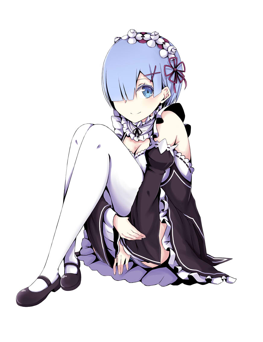 1girl black_shoes blue_eyes blue_hair breasts cleavage detached_sleeves flower full_body garter_straps hair_flower hair_ornament hair_over_one_eye hair_ribbon head_wreath leg_hug medium_breasts purple_ribbon re:zero_kara_hajimeru_isekai_seikatsu rem_(re:zero) ribbon ribbon-trimmed_sleeves ribbon_trim shoes short_hair simple_background sitting solo tazaki_hayato thigh-highs white_background white_flower white_legwear