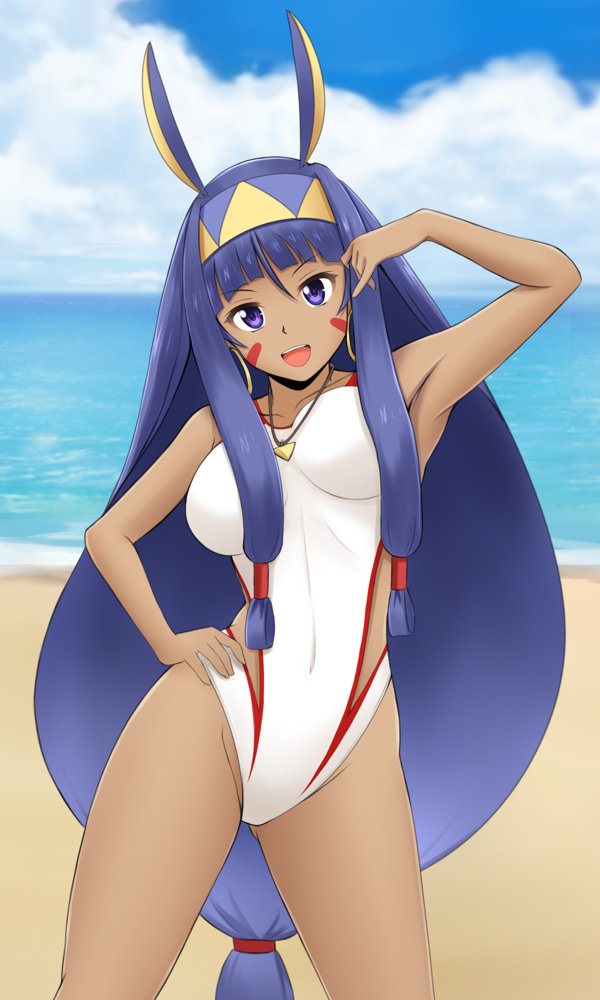 1girl arm_up beach clothed_navel clouds collarbone competition_swimsuit covered_navel dark_skin earrings fate/grand_order fate_(series) fuuma_nagi hairband hand_on_hip highleg highleg_swimsuit hoop_earrings horizon jewelry long_hair looking_at_viewer necklace nitocris_(fate/grand_order) nitocris_(swimsuit_assassin)_(fate) ocean one-piece_swimsuit one_eye_closed open_mouth outdoors purple_hair side_cutout sky solo spread_legs swimsuit thighs very_long_hair violet_eyes white_swimsuit