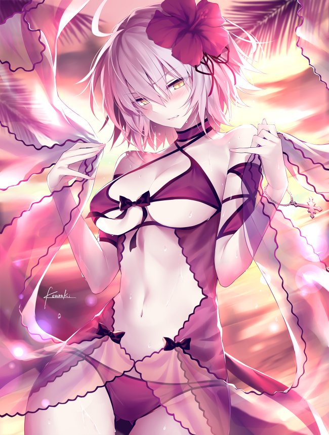 1girl ahoge artist_name bangs bare_shoulders beach bikini blush bow bracelet breasts choker cleavage clenched_teeth collarbone commentary_request cross eyebrows_visible_through_hair fate/grand_order fate_(series) flower hair_between_eyes hair_flower hair_ornament halterneck hands_up hibiscus hips jeanne_alter jewelry kousaki_rui large_breasts lens_flare looking_at_viewer navel outdoors pale_skin palm_tree purple_bikini ruler_(fate/apocrypha) short_hair signature silver_hair solo sunset swimsuit teeth tree waist wet yellow_eyes
