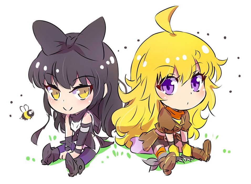 2girls ahoge bee black_hair blake_belladonna blonde_hair ember_celica_(rwby) gambol_shroud iesupa multiple_girls rwby rwby_chibi violet_eyes yang_xiao_long yellow_eyes