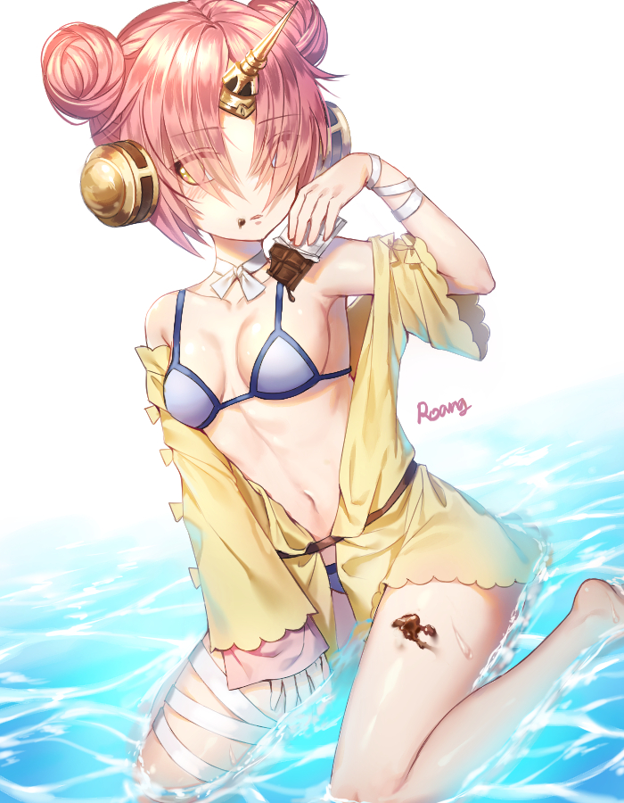 1girl artist_name berserker_of_black blue_eyes breasts chocolate_bar double_bun eyebrows_visible_through_hair fate_(series) frankenstein's_monster_(swimsuit_saber)_(fate) hair_over_eyes horn looking_at_viewer medium_breasts navel parted_lips roang seiza short_hair signature sitting solo yellow_eyes