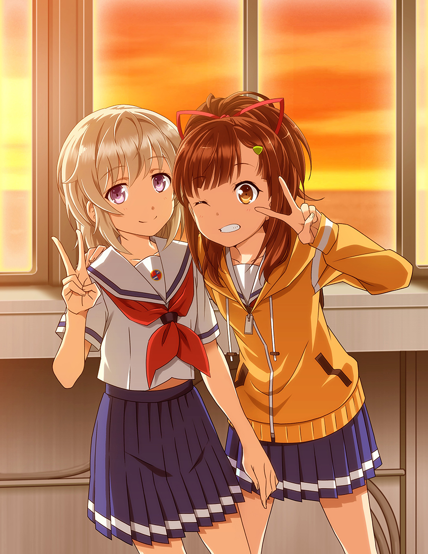 2girls ;d apr blue_skirt brown_eyes brown_hair cowboy_shot eyebrows_visible_through_hair grin hair_ribbon hand_on_another's_shoulder high_ponytail high_school_fleet indoors irizaki_mei long_hair miniskirt multiple_girls neckerchief one_eye_closed open_mouth pleated_skirt red_neckerchief red_ribbon ribbon school_uniform serafuku shirt silver_hair skirt smile standing sweater tateishi_shima v violet_eyes white_shirt yellow_sweater zipper