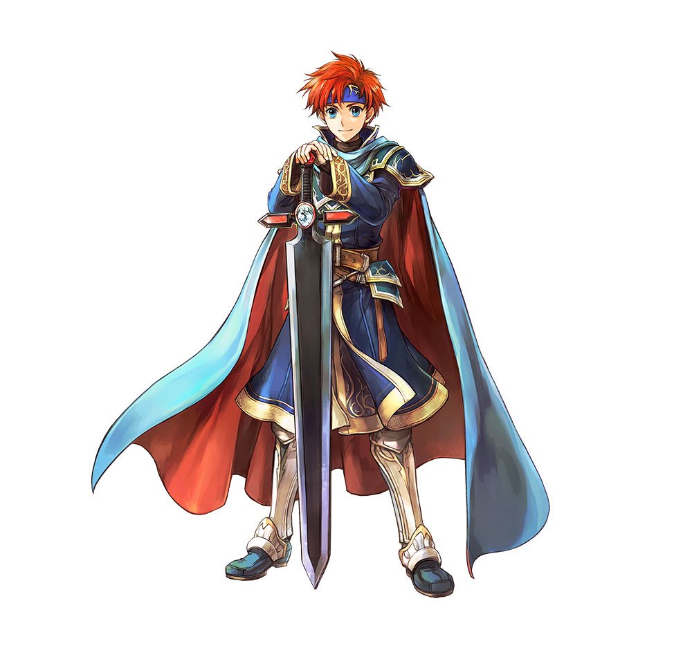 1boy armor blue_eyes cape cosplay eliwood_(fire_emblem) eliwood_(fire_emblem)_(cosplay) fire_emblem fire_emblem:_rekka_no_ken fire_emblem_heroes full_body looking_at_viewer male_focus official_art redhead roy_(fire_emblem) short_hair smile sword wada_sachiko weapon