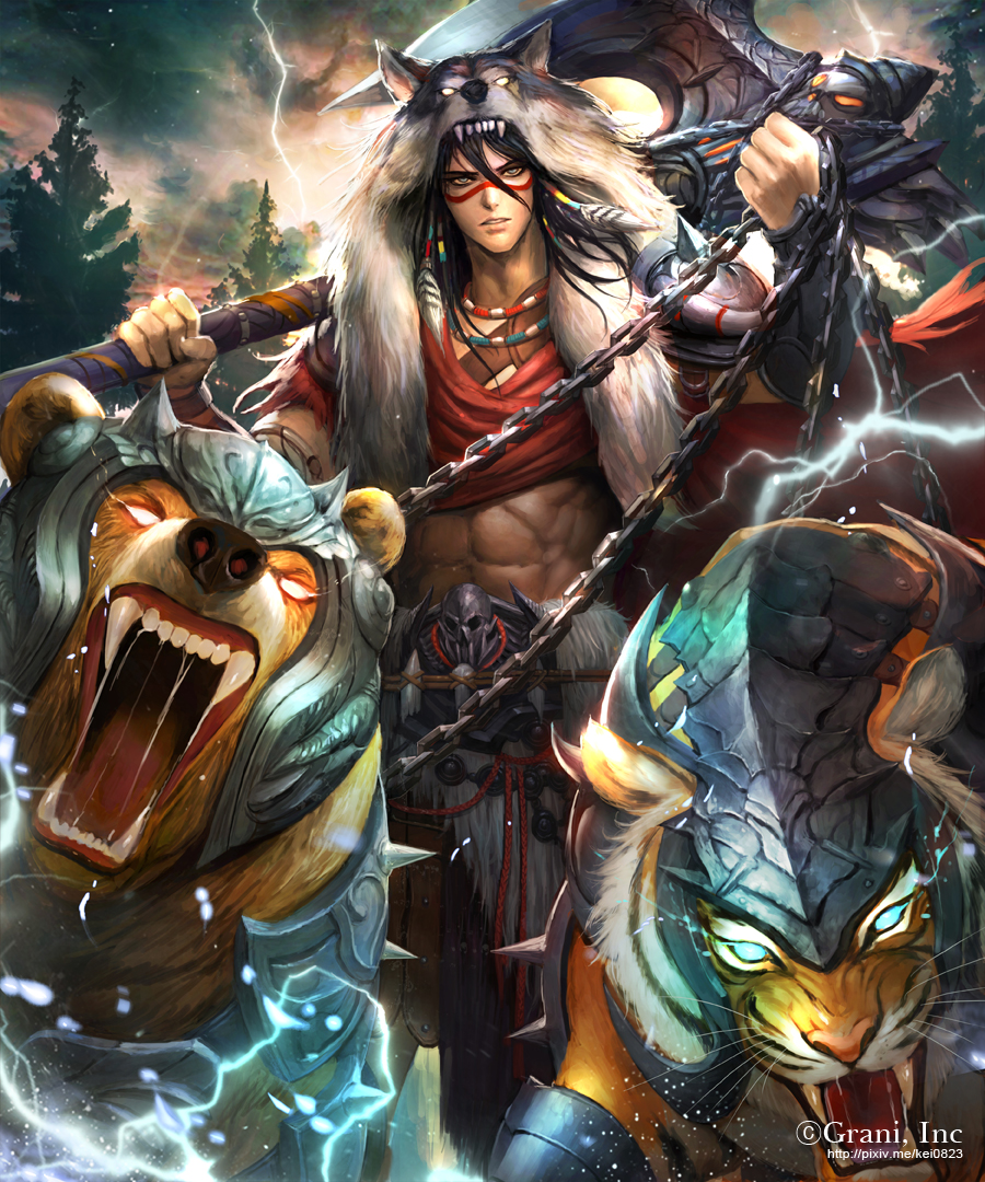 1boy abs animal_hood armlet armor axe battle_axe bear belt black_hair bracer cape chains clouds cloudy_sky earrings facepaint grey_eyes hood jewelry kei1115 lightning looking_at_viewer male_focus necklace open_mouth outdoors over_shoulder pixiv_id red_cape shingoku_no_valhalla_gate shoulder_armor sky tiger tree watermark weapon web_address wolf_pelt