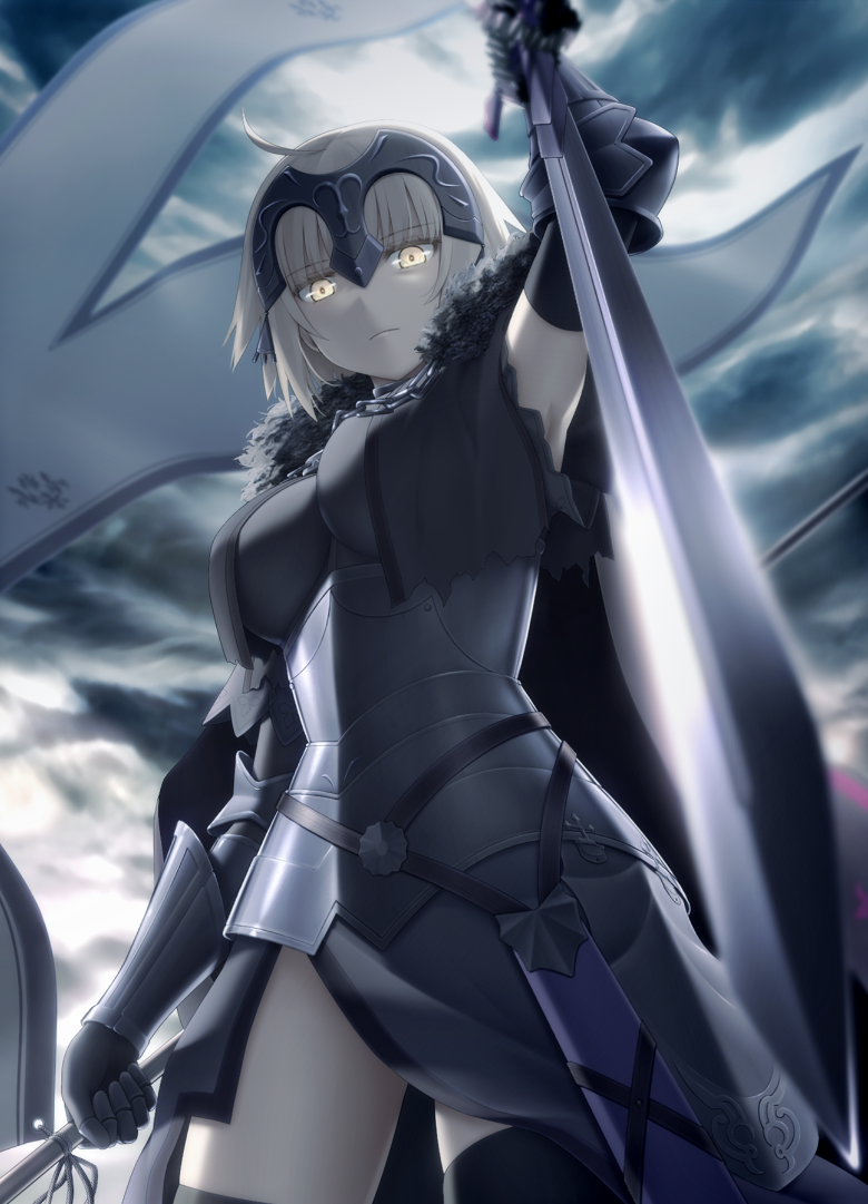 1girl ahoge armor armored_dress armpits bangs black_gloves black_legwear blonde_hair blurry bracer breasts cape chains closed_mouth clouds commentary_request depth_of_field elbow_gloves eyebrows_visible_through_hair fate/grand_order fate_(series) flag from_below frown fur-trimmed_cape fur_trim glint gloves haribote_(tarao) headpiece holding holding_sword holding_weapon jeanne_alter looking_at_viewer looking_down outdoors revision ruler_(fate/apocrypha) short_hair sky solo standing sword thigh-highs weapon yellow_eyes