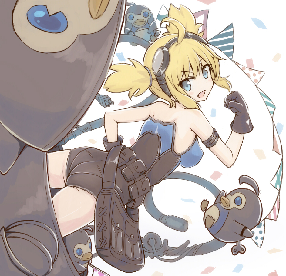 1girl :d ahoge ass bare_shoulders bird black_gloves blonde_hair blue_eyes breasts erect_nipples fang gloves goggles goggles_on_head granblue_fantasy hand_on_hip head_back leotard llg.hakua looking_at_viewer looking_back mecha medium_breasts open_mouth pantylines pengie penguin plug robot short_hair short_twintails smile strapless strapless_leotard twintails