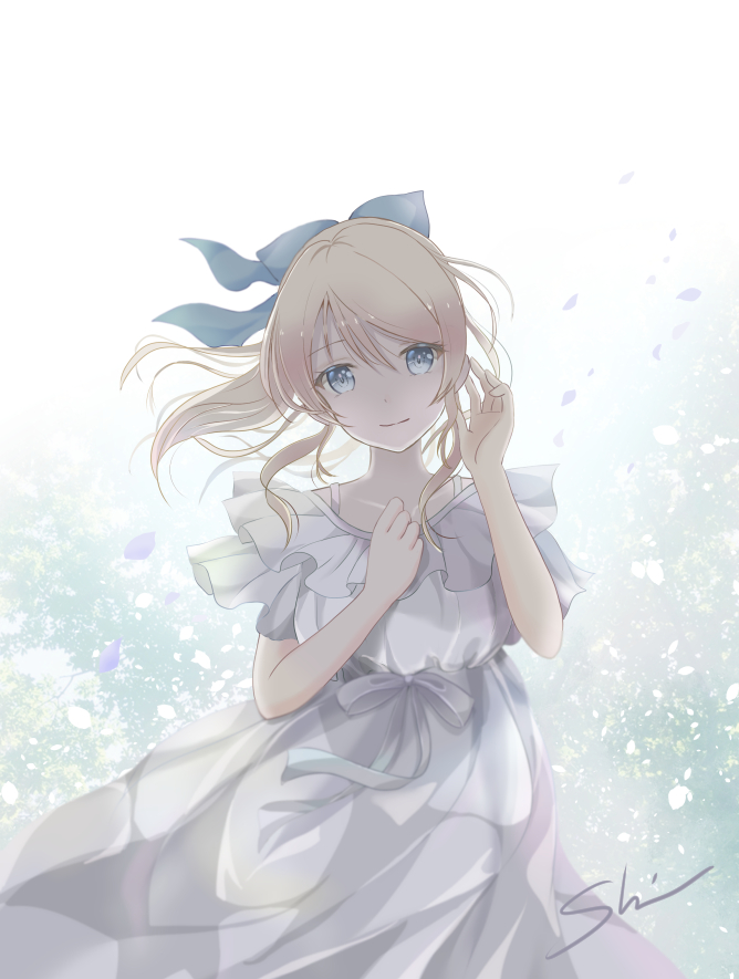 1girl ayase_eli blonde_hair blue_bow blush bow closed_mouth collarbone dress eyebrows_visible_through_hair hair_bow looking_at_viewer love_live! love_live!_school_idol_project medium_hair ponytail shino_(shinderera) signature smile solo white_dress